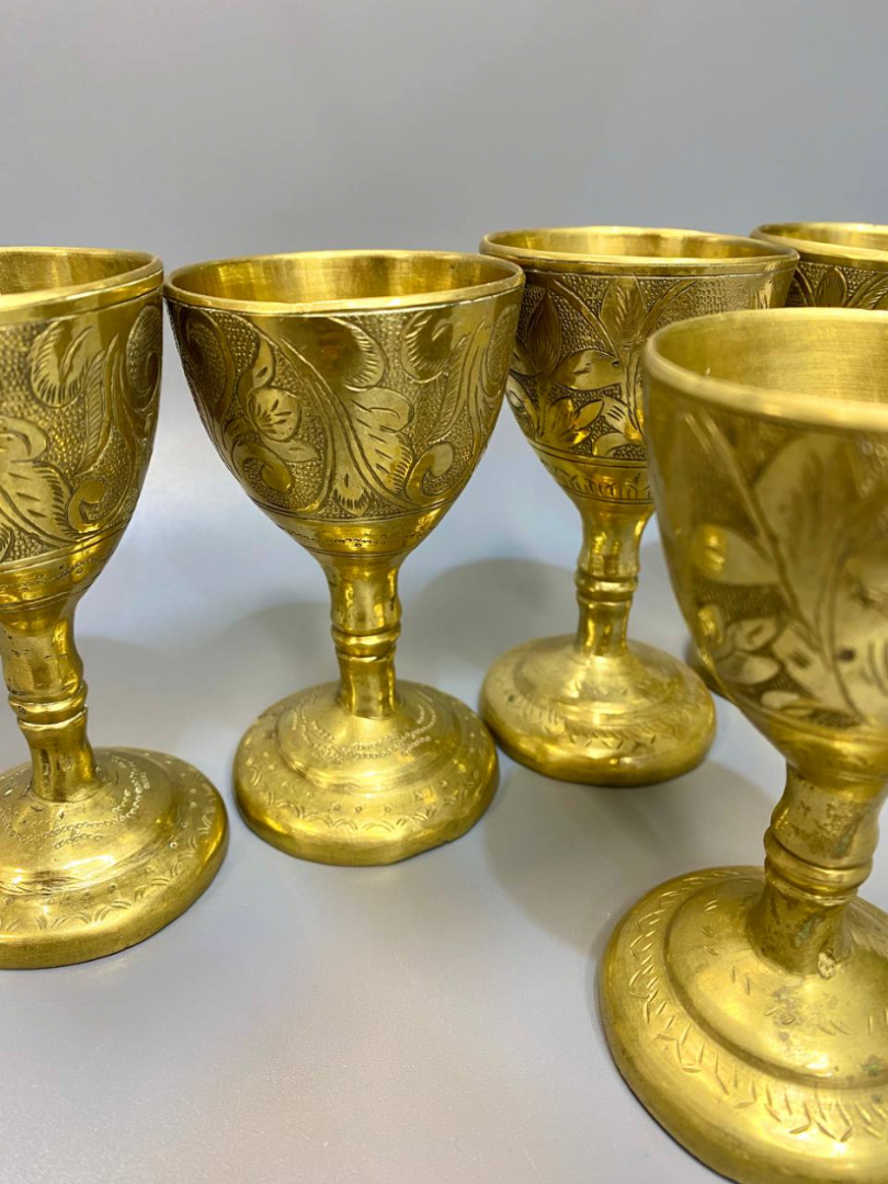 Бокалы из латуни с штихельной гравировкой, ручная работа. Тяжелые. Винтаж! Цена за 5шт.. Картинка 4